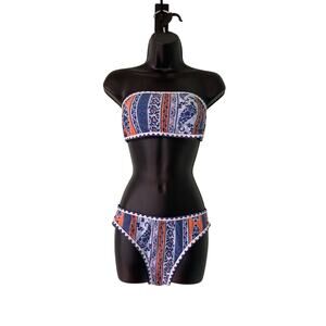 Zaful Women’s Small Floral Blue Orange Strapless Wave Bandeau Bikini 2 Piece